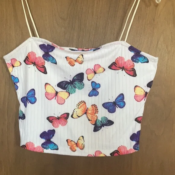 3/$12 Rue21 top ribbed butterfly print crop top cropped spaghetti straps L jrs - Picture 6 of 15